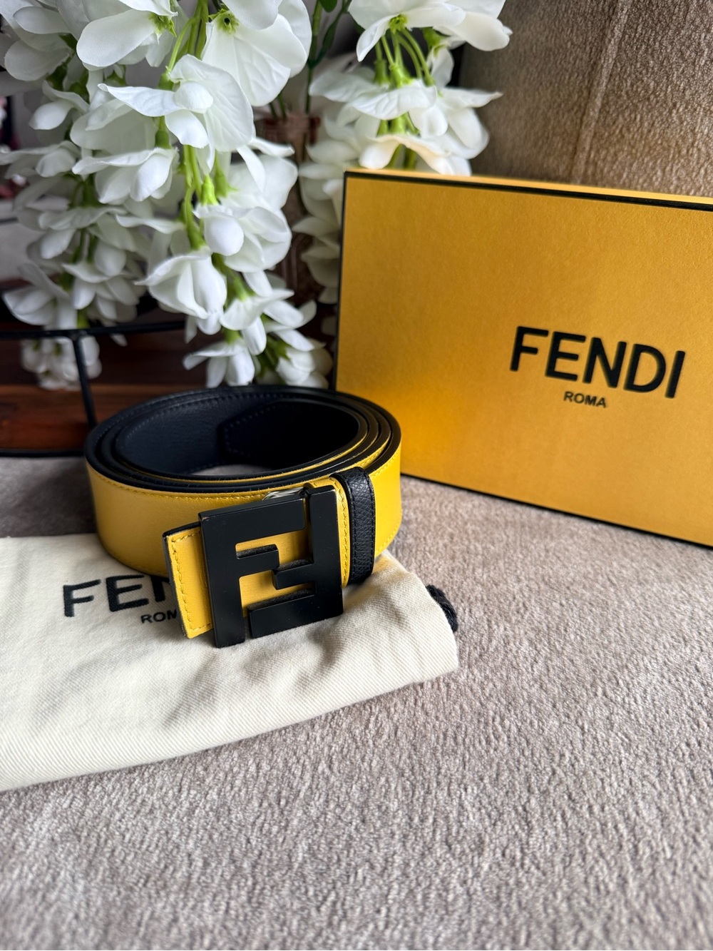 Fendi Men’s Yellow and Black Reversible Leather Belt Authentic 38-42 inches